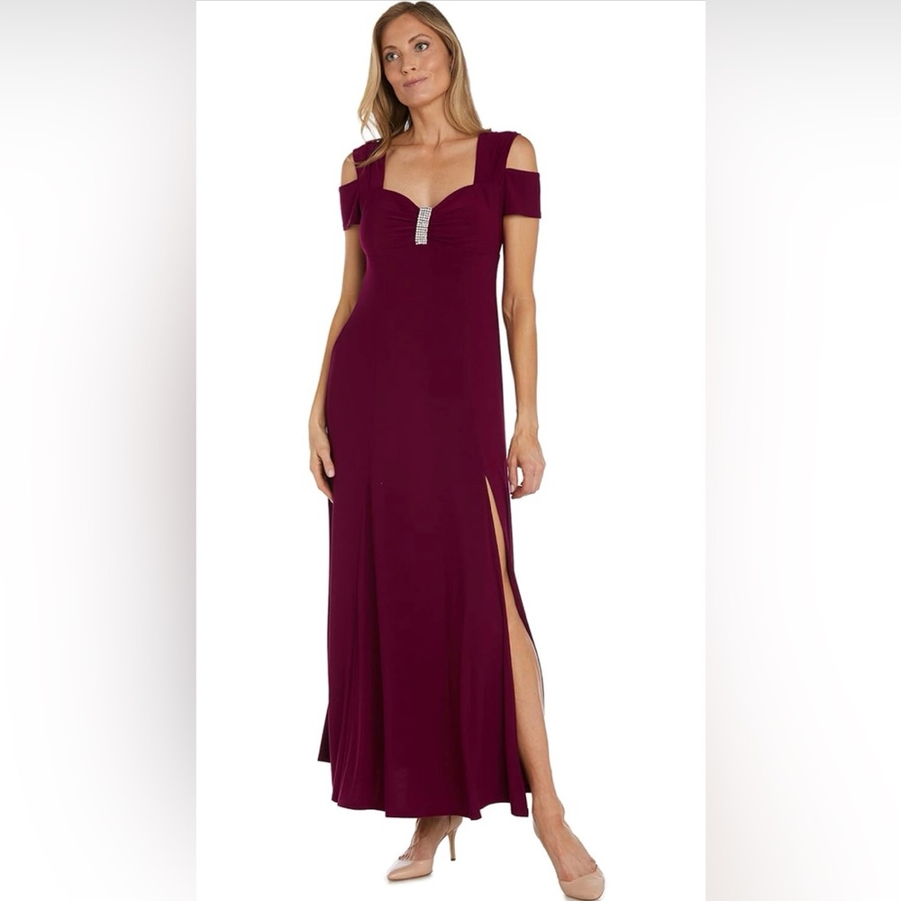 NWT R&M Richards Long Evening Gown W/Cold Shoulder, Thigh Slit & Diamante